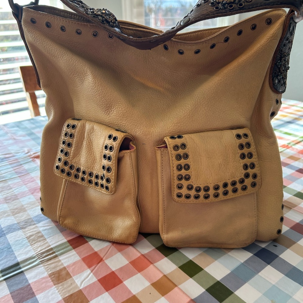 Betsey Johnson Beige Hobo Bag with Black Studs